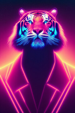 Portrait of a tiger in synthwave style