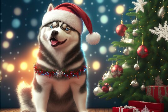 Siberian Husky Dog with Santa Hat, Photorealistic 3D Render