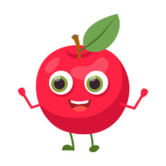 Cute red apple fruit cartoon character vector illustration. Comic sticker with funny caricature of happy personage isolated on white