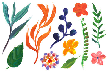 Collection of tropical branches and leaves painted with bright colors with a dry brush