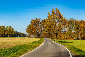 Sunny autumn day in european countryside. Rural road. Czech Republic.