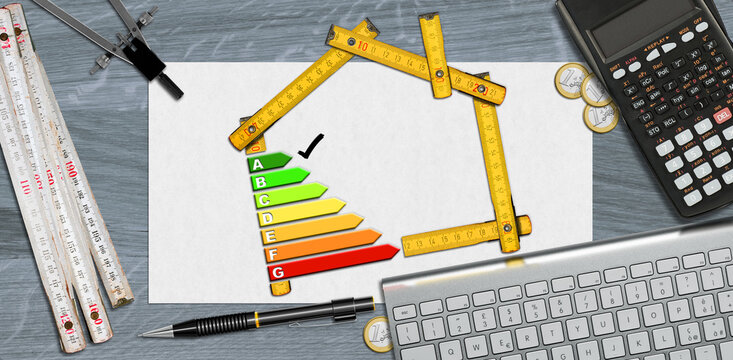 House energy efficiency rating. Wooden yellow folding ruler in the shape of house 
on desk with energy efficiency graph, calculator, drawing compass, pencil and a computer keyboard and copy space.