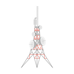 triangular tripod Antenna tower with satellite dishes vector illustration. Radio, communication or telecom transmission tower, internet, television