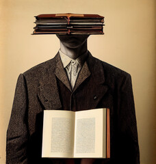 A man with a book instead of a head. A concept on the topic of education, science, and intelligence.