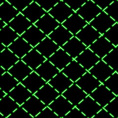 Neon background. Green grid on a black background. Glowing rhombuses from dotted lines. Color vector illustration. Idea for web design.