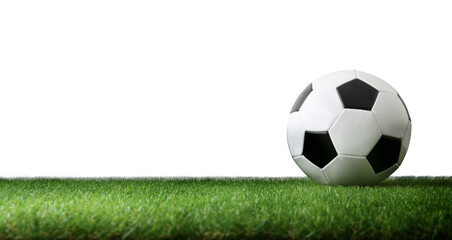 Front view of soccer ball on grass white isolated background