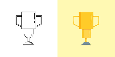 Golden trophy cup, sport trophy competition award in flat and outline illustration