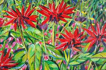 Fototapeta premium Vibrant multi-colored original acrylic painting close up detail showing brushwork and canvas textures.