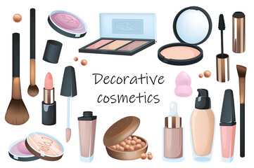 Decorative cosmetics elements isolated set. Bundle of various cosmetic products - eyeshadow, mascara, lipstick, lip gloss, foundation, brushes and other. Illustration in flat cartoon design