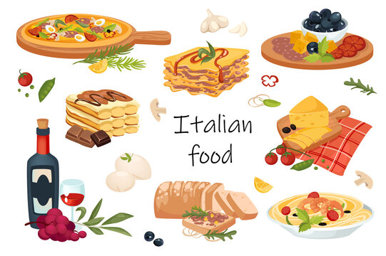 Italian food elements isolated set. Bundle of traditional dishes - pizza, lasagna, spaghetti, olive, pasta, parmesan cheese, wine, sweet desserts and other. Illustration in flat cartoon design