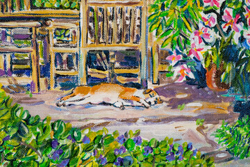 Vibrant multi-colored original acrylic painting close up detail showing brushwork and canvas textures. Sleeping dog.