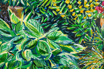 Vibrant multi-colored original acrylic painting close up detail showing brushwork and canvas textures. Cottage garden border flowers.