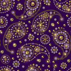 Seamless pattern with paisley ornament, round jewelry elements in vintage style. Deep purple background. Vector illustration. Good for clothing, apparel, fabric, textile, surface design.