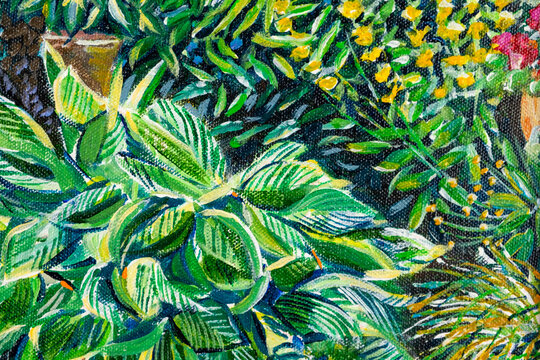 Vibrant multi-colored original acrylic painting close up detail showing brushwork and canvas textures. Cottage garden border flowers.