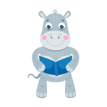 Cute animal, fat hippo reading book cartoon illustration. Smart character holding textbook isolated on white background