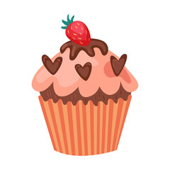 Cute cupcake with strawberries, birthday party element vector illustration. Cake, cupcakes, confetti, balloon, gifts for kids isolated on white