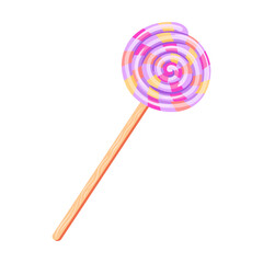 Cute lollipop twisted into spiral, birthday party element vector illustration. Cake, cupcakes, confetti, balloon, gifts for kids isolated on white