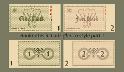 Vector set of banknotes in Lodz city ghetto style. The inscriptions in German mean one and two marks, the city of Litzmannstadt on March 15, 1940. Part 1