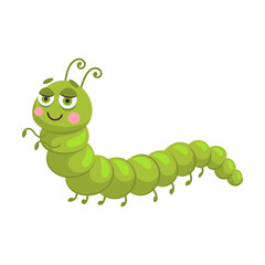 Adorable green caterpillar. Cute cartoon insect. Vector illustration of forest or garden animal, funny bug character isolated on white