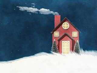 digital watercolor painting christmas winter scenery house with snow