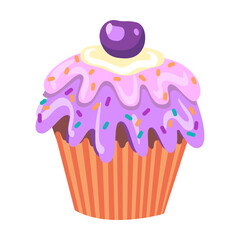 Cute blueberry cake, birthday party element vector illustration. Cake, cupcakes, confetti, balloon, gifts for kids isolated on white background