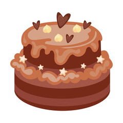 Chocolate birthday cake, sweet food. Vector illustration of choco delicious product in cafe menu isolated on white