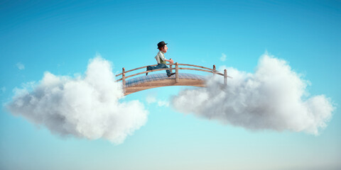 Old man running on a bridge between two clouds. Aspiration and dream big concept.