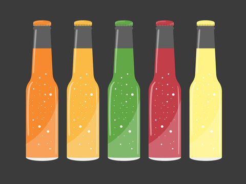 Glass soda bottles isolated on grey background. Bottle of  lemonade. Glass bottles with fruit juice. Set of carbonated drinks. 