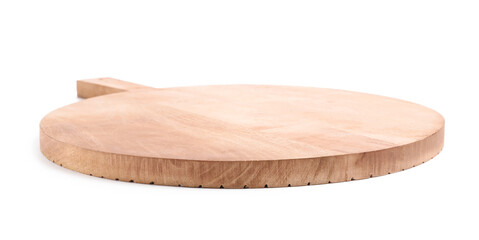 Round wooden cutting board isolated on white