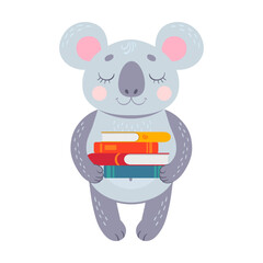 Cute animal, pensive koala reading book cartoon illustration. Smart character holding textbook isolated on white background