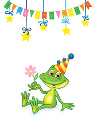 Happy birthday! Small funny frog in a festive hat sits with a flower in his hand. Golden stars and flags around. In cartoon style. Isolated on white background. Vector illustration
