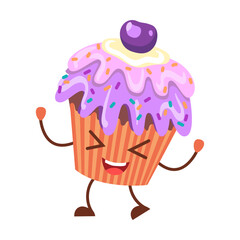 Blueberry muffin. Cartoon cute dessert character. Vector illustration of sweet food with kawaii face isolated on white. Bakery