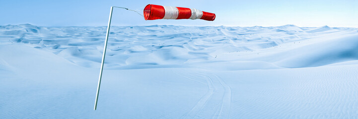 Windbag in snow and ice dunes panoramic landscape. Arctic Snowball Earth. Concept for creative...