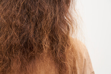 Dry and frizzy natural curly hair that needs hydration. Natural curls before salon treatment. close up. - 548710232