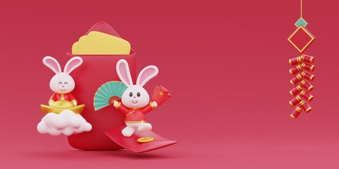 Chinese new year banner, Red envelope with cute rabbit holding gold and fan, Chinese Festivals, Lunar, CYN 2023, Year of the Rabbit, 3d rendering.