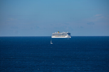 Costa cruiseship or cruise ship liner Toscana in Marseille Provence port during sunrise twilight...