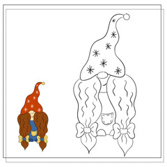 Coloring book for children. Cartoon Christmas gnome girl