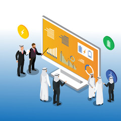 Arabian business People Looking at data on monitor isometric 3d vector illustration concept for banner, website, illustration, landing page, flyer, etc.