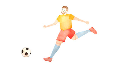 Fototapeta na wymiar サッカーをする白人男性の水彩風背景透過イラスト