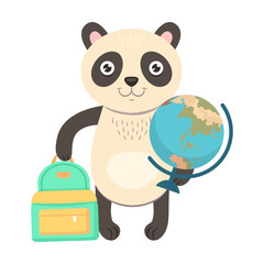 Cute animal, fluffy panda reading book cartoon illustration. Smart character holding textbook isolated on white background