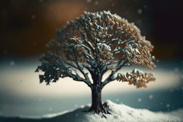 Tree with snow, blurry background