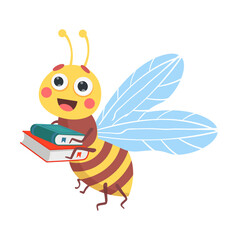 Cute animal, striped bee reading book cartoon illustration. Smart character holding textbook isolated on white background