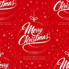 Seamless pattern - Merry Christmas background. Calligraphy text with decoration created by many white snowflakes	 - 548711810