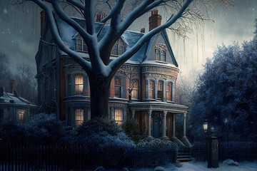 AI generated image of a large luxurious vintage Victorian house in north London, covered in snow