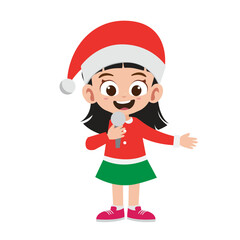 Happy cute little girl sing while holding a microphone in Christmas costume vector illustration