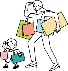 買い物袋を持った母親と子供のイラスト素材