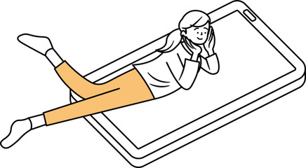 大きなスマートフォンの上で寝転がるアジア人女性のイラスト素材