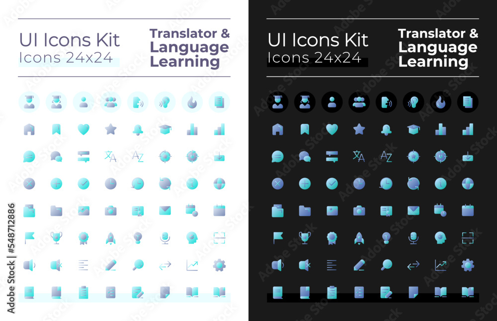 Aufkleber translator, language learning flat gradient two-color ui icons set for dark, light mode. vector isol
