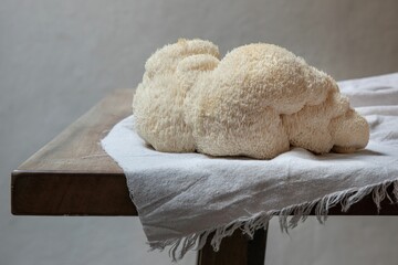 Closeup shot of Lion's mane mushrooms on a white cloth placed on a wooden table