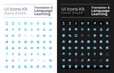 Translator, language learning flat gradient two-color ui icons set for dark, light mode. Vector isolated RGB pictograms. GUI, UX design for web, mobile. Montserrat Bold, Light fonts used
